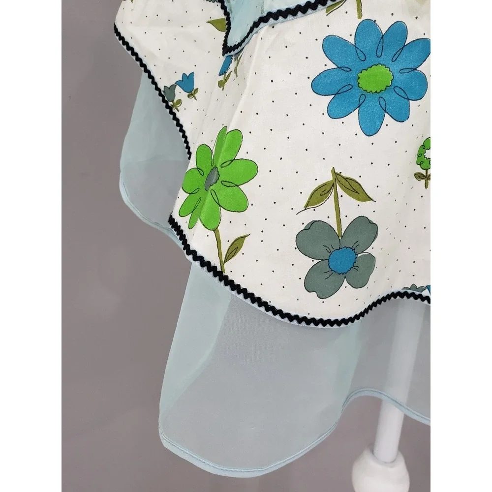 Vintage 1950s Blue Floral Hostess Apron Sheer Organza Overlay Bow Waist Retro